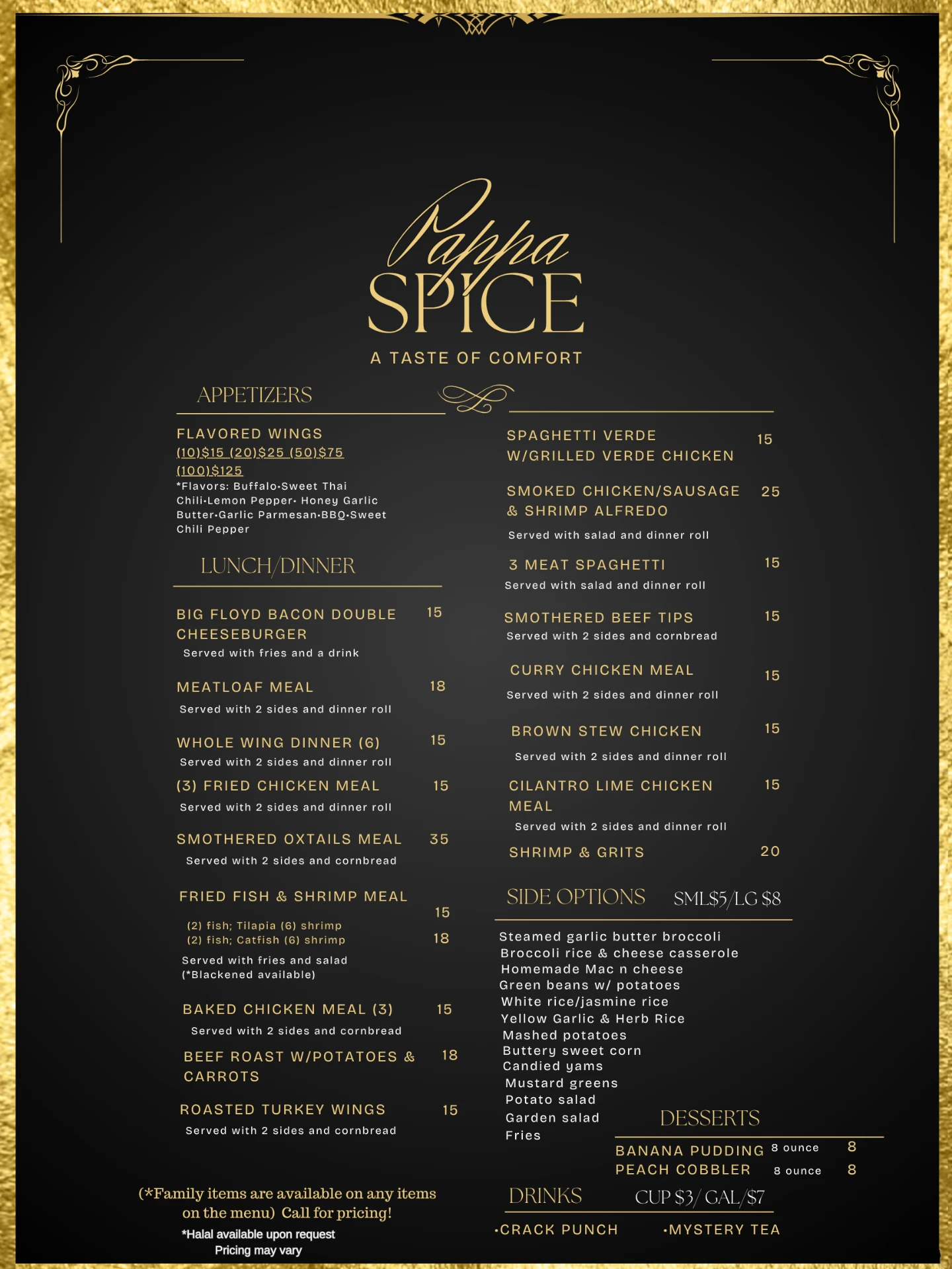Lunch & Dinner Menu for Pappa Spice Cuisine in Houston