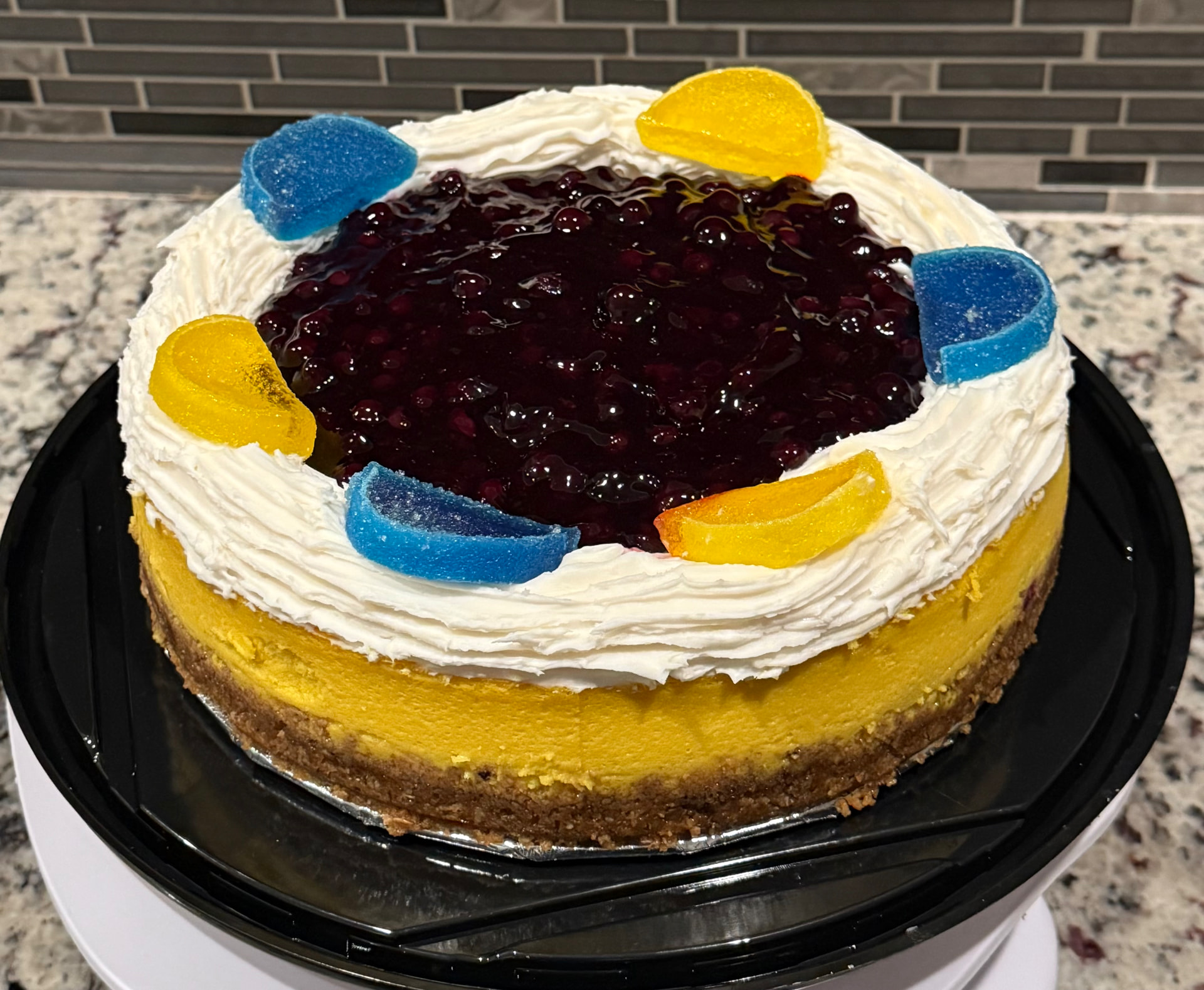 Blueberry topped cheesecake with whipped cream and fruit slices