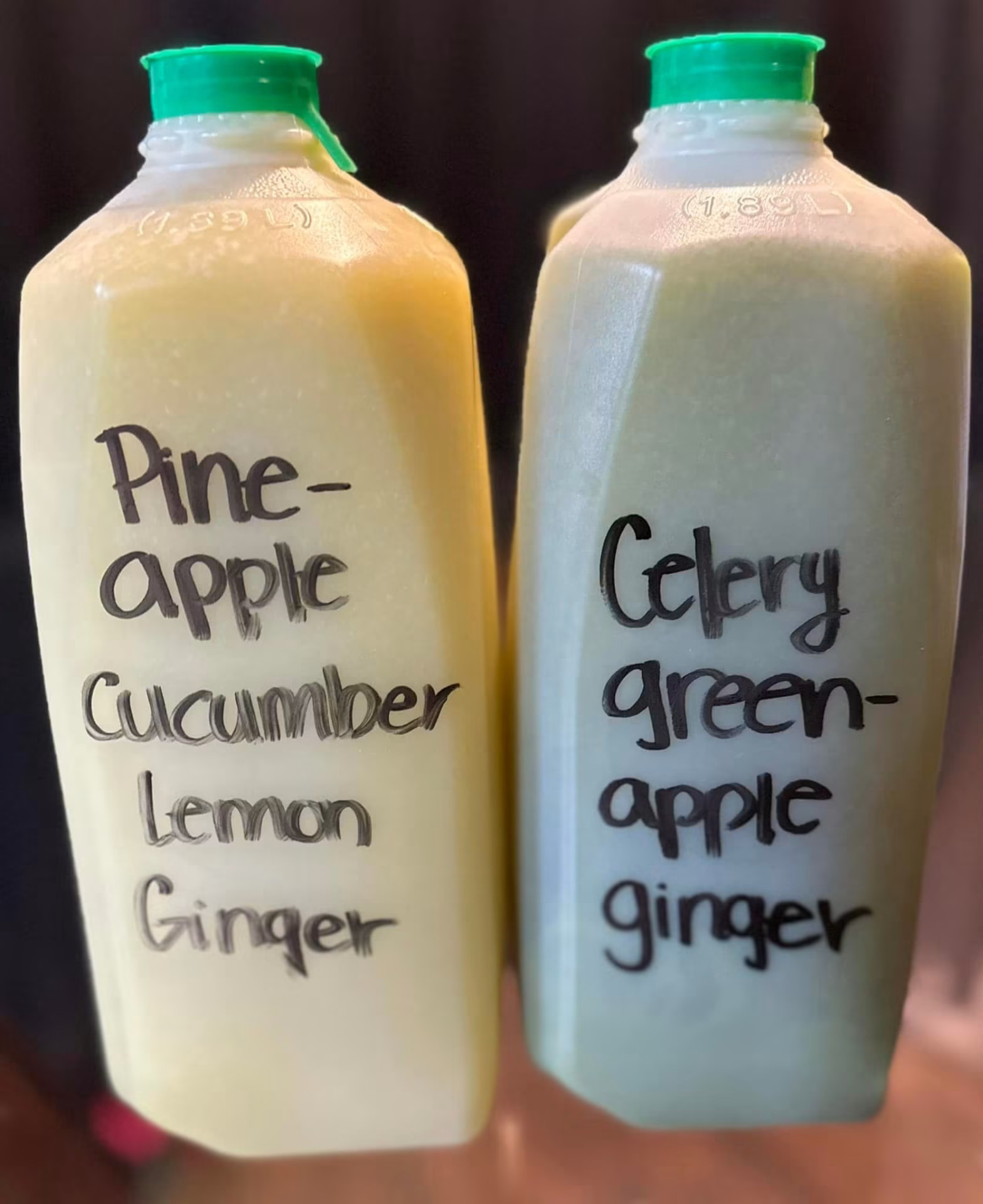 Pine-Apple Cucumber Lemon Ginger and Celery Green-Apple Ginger juices