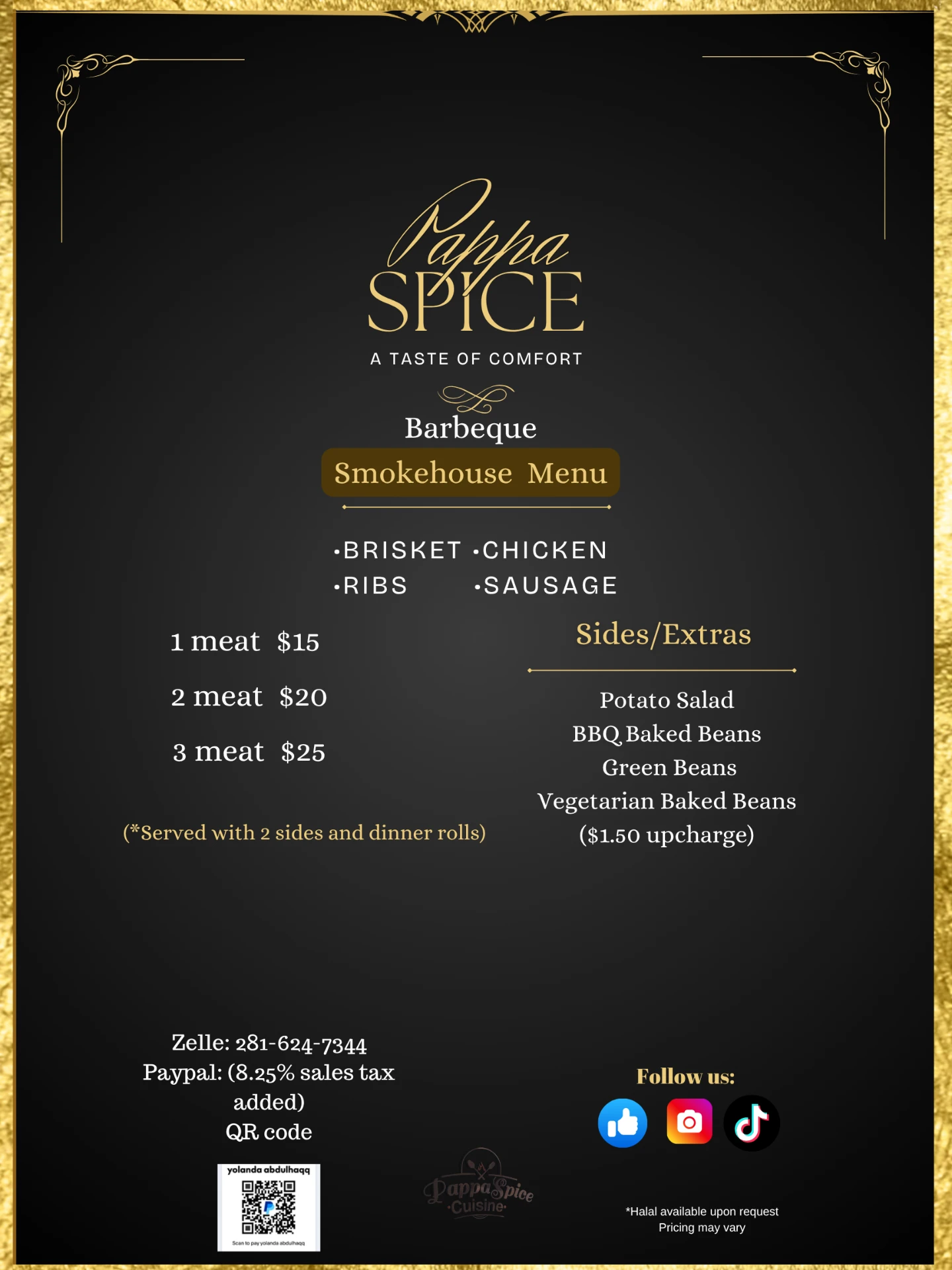 Barbeque Smokehouse Menu for Pappa Spice Cuisine in Houston