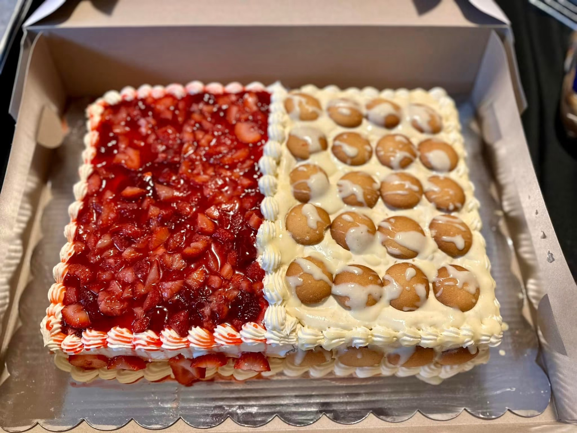 Half strawberry, half banana pudding sheet cake