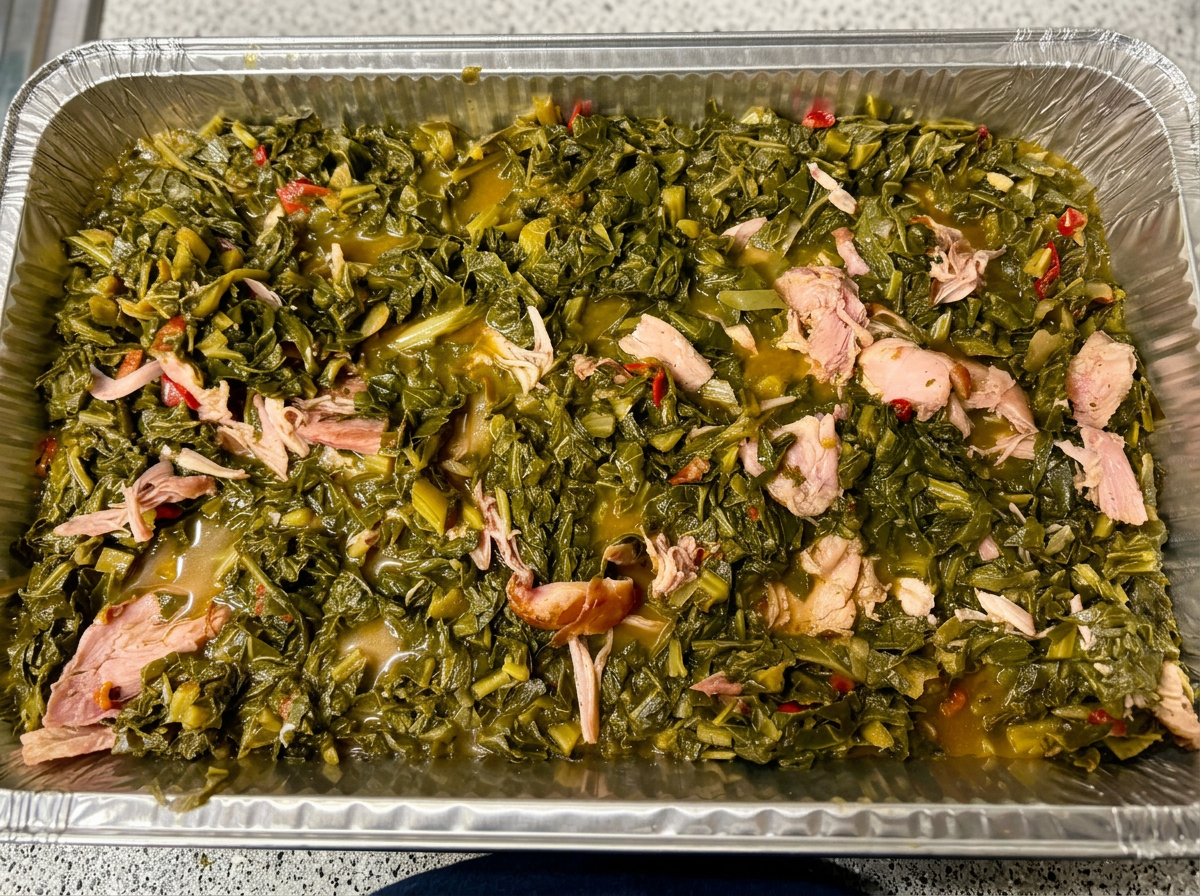 Mustard greens with smoked turkey in a catering pan