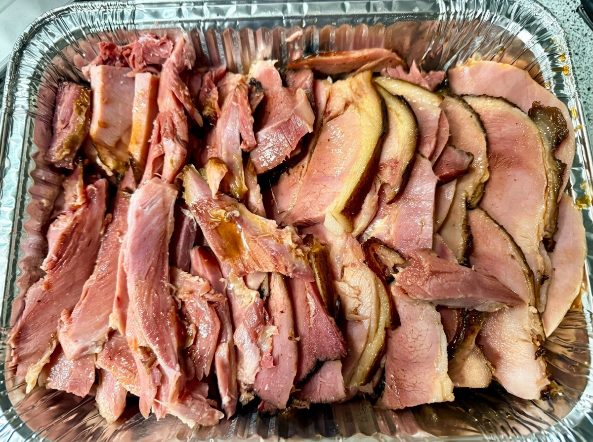 Sliced smoked ham served at a Houston family reunion