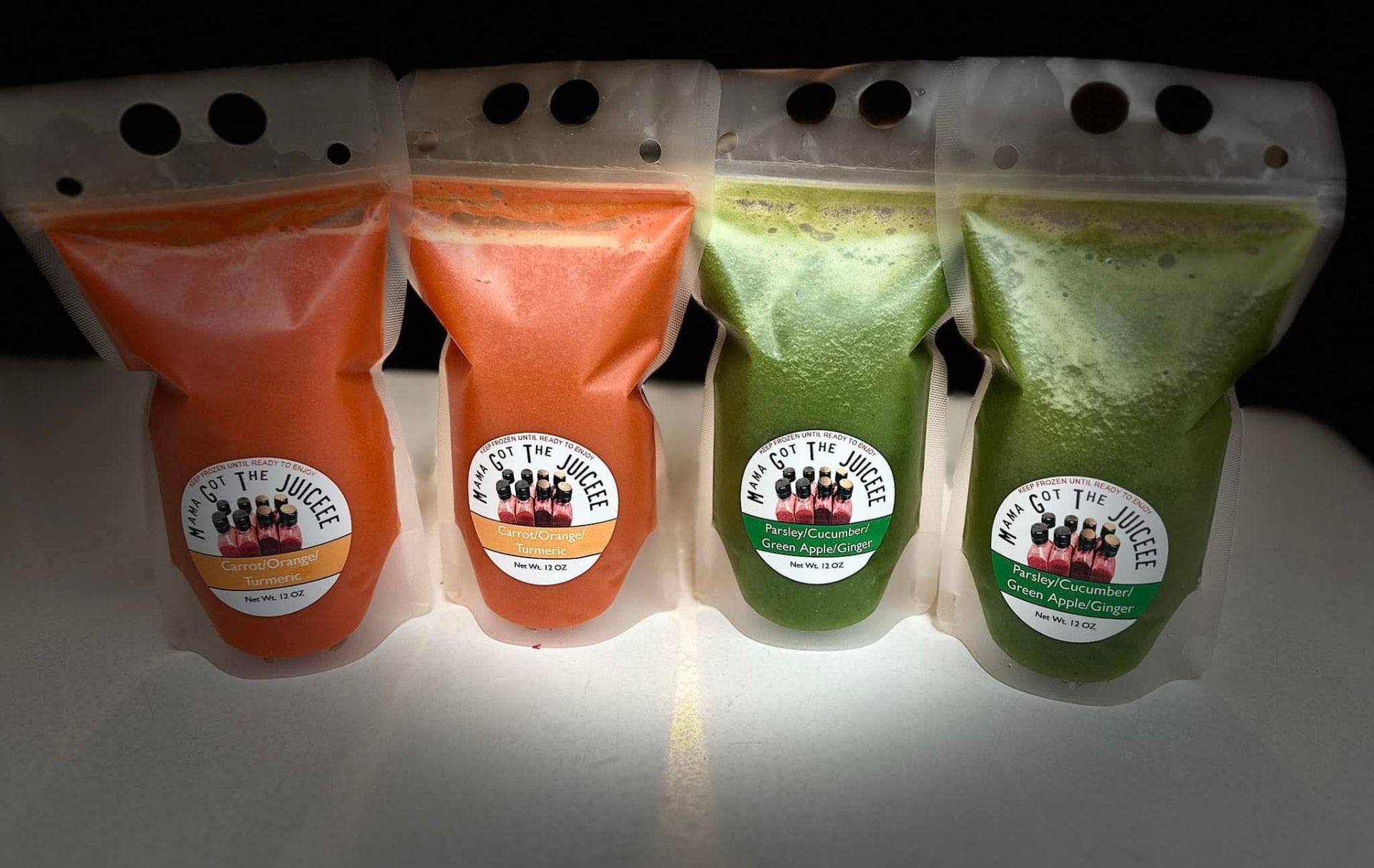 Carrot/Orange/Turmeric and Parsley/Cucumber/Green Apple/Ginger pouches